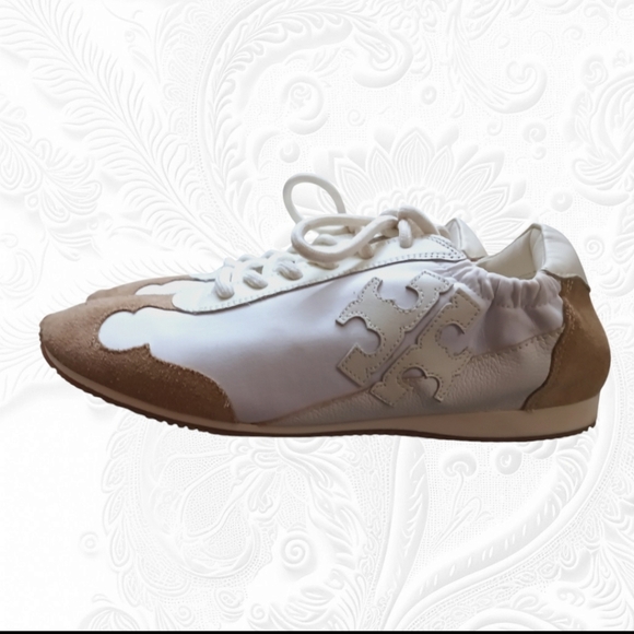 Tory Burch Cerbiatto Suede Leather Nylon Ivory/Tan Sneakers Size 7 - Picture 7 of 13